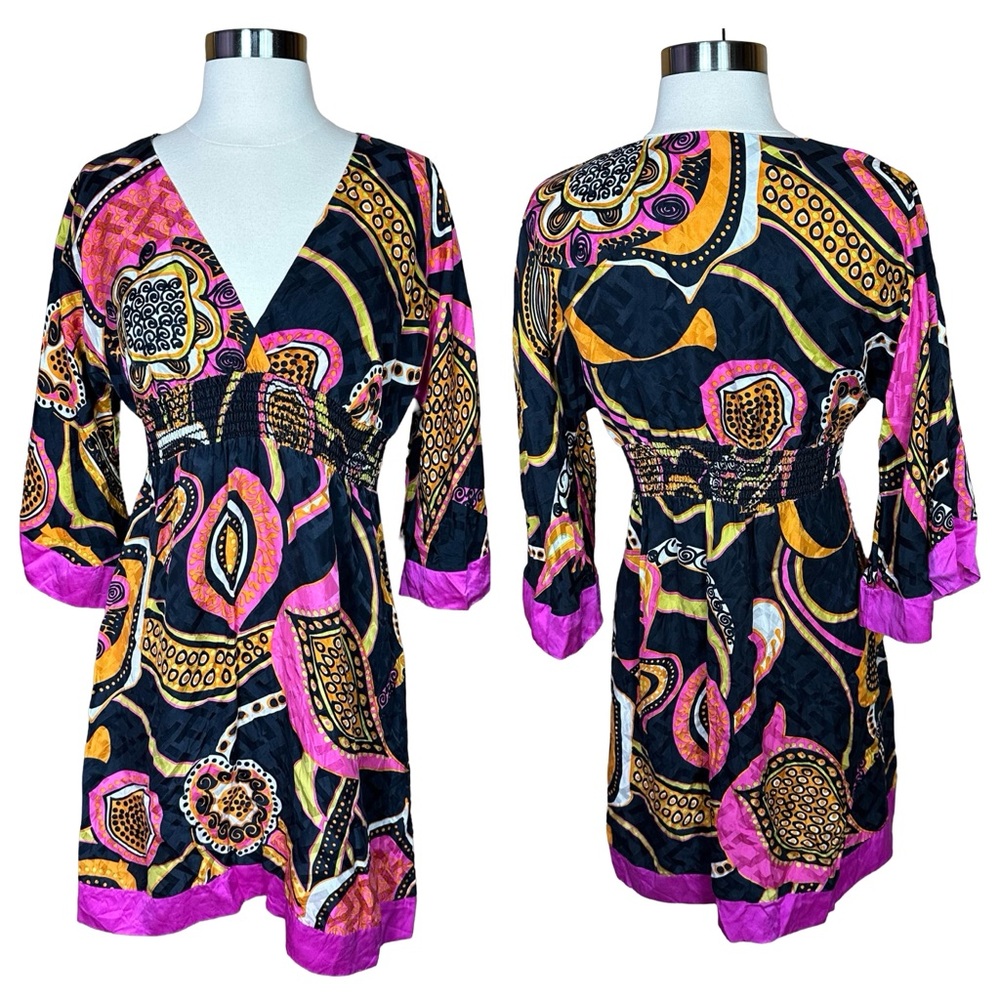 Alice & Trixie Silk Abstract Paisley Cropped Bell Sleeve Smocked VNeck Dress S